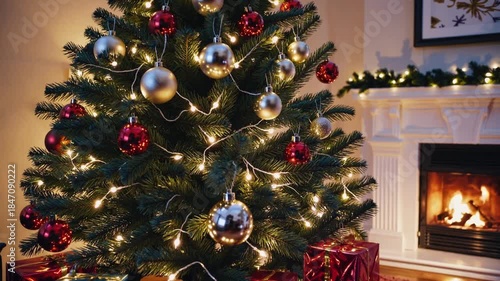 Festive Holiday Scene: A beautifully decorated Christmas tree, adorned with twinkling lights and colorful ornaments, sits amidst a cozy indoor setting, creating a warm and inviting atmosphere.