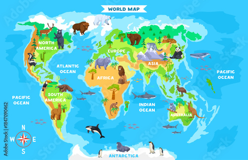 Colorful world map with iconic animals from each continent and ocean, cartoon style on blue background. Concept of global wildlife habitats. Vector illustration