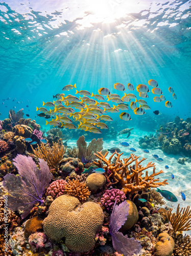 Stunning underwater coral reef teeming with yellow fish and marine life, illuminated by bright sunbeams filtering through the turquoise ocean surface.