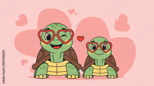 Adorable turtle couple wearing heart shaped glasses on Valentine's Day
