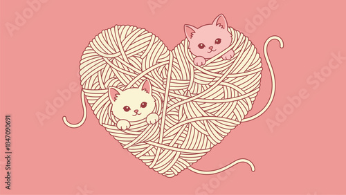 Adorable kittens snuggled in heart shaped yarn ball on pink background