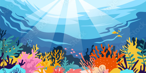 Bright underwater coral reef scene with colorful fish, cartoon style, deep sea background. Concept of marine ecosystem. Vector illustration