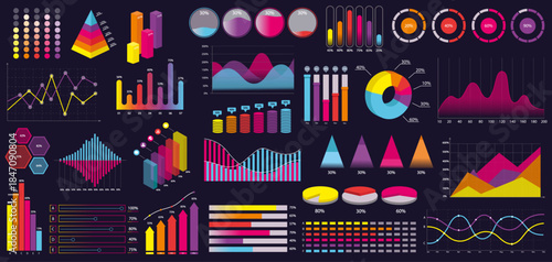 Collection of colorful infographic chart elements including pie, bar, line, area, and pyramid charts in modern graphic style on dark background. Vector illustration