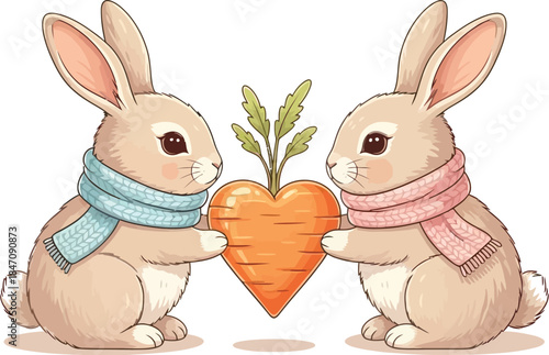Adorable rabbits sharing heart-shaped carrot in cute illustration