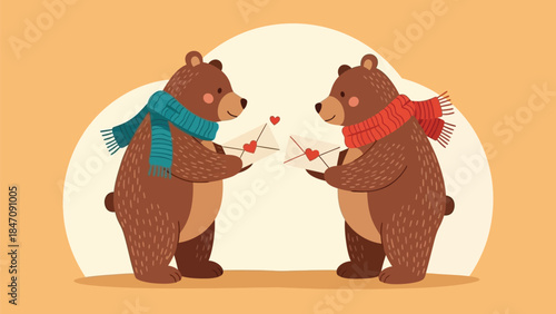 Cute bears exchanging love letters on Valentine's Day