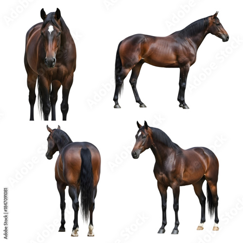 Brown horse in four different poses isolated on a transparent background bay horse