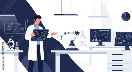 Scientist in a lab examining robotics technology on a tablet and workstation screens for future