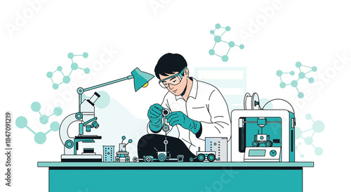 Scientist in laboratory developing autonomous robotic micro-vehicles with advanced technology and