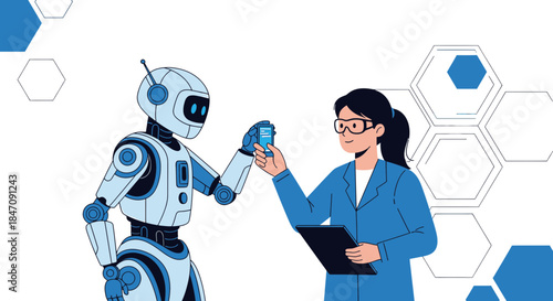 Scientist interacting with a humanoid robot showing mobile data, technology synergy and future