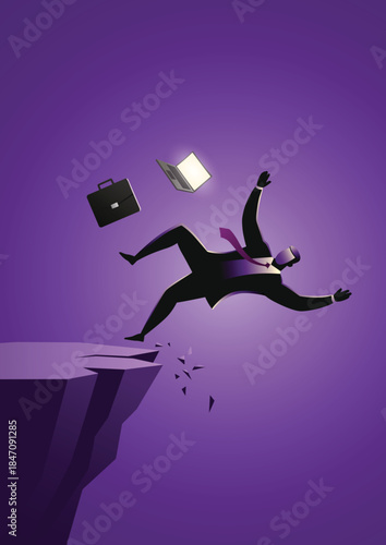 Businessman falling from cliff with laptop and briefcase concept of business failure and risk