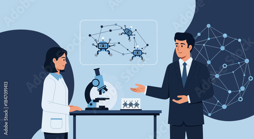 Scientists collaborating on nanoscale robotics research in a modern laboratory setting presenting