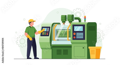 Skilled operator interacts with automated manufacturing machine in a factory setting creating