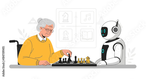Senior citizen playing chess with an intelligent robot in a friendly competition scenario