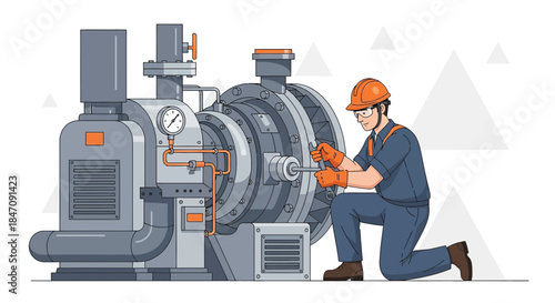 Skilled technician servicing industrial machinery wearing safety gear and utilizing wrench