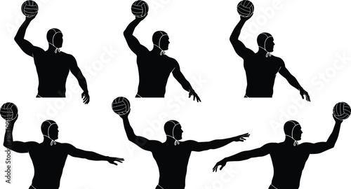 Water Polo Player Silhouette Flat Vector Illustration Set, Isolated Black and White Collection, Athletic Men with Ball in Action Poses, Graphic Elements for Sports, Fitness, and Aquatic Design
