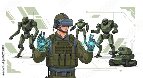 Soldier controlling advanced robots with virtual reality headset in future warfare scenario