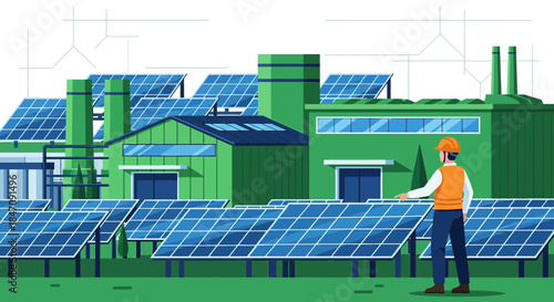 Sustainability showcase: Solar energy plant with technician overseeing operations in vector style