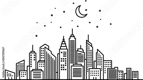 A serene cityscape at night with a crescent moon and stars