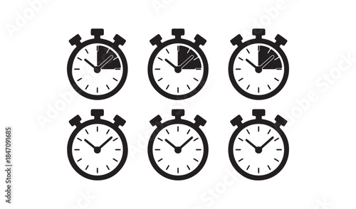 Six black stopwatch icons showing different stages of time, representing speed, timing, or countdowns in sports and events.
