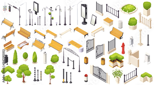 Collection of isometric urban design elements including benches, lights, fences, and trees on white background. Concept of city park layout. Vector illustration