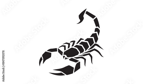 Sharp, angular black vector art of a scorpion with its tail curled, representing danger, strength, or the zodiac sign Scorpio.