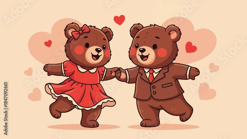 Cute cartoon bears dance together on Valentine's Day with hearts