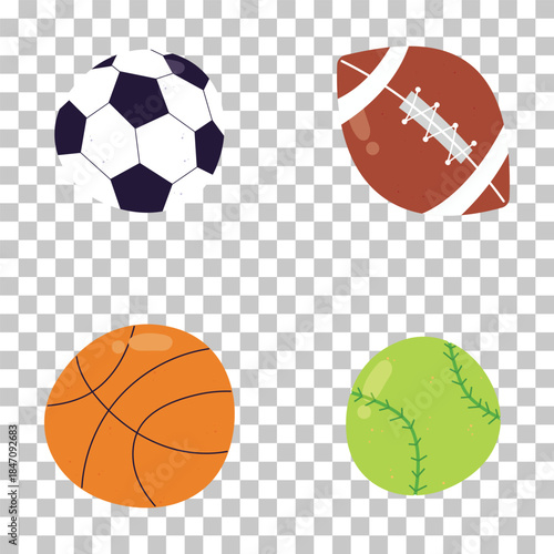 Sports balls including soccer, American football, basketball, and softball on a transparent background.