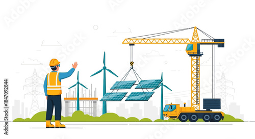 Sustainable energy plant construction with windmills and solar panels installation using crane