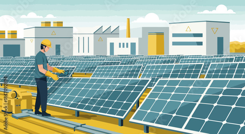 Technician inspecting solar panel array at power plant for sustainable energy production