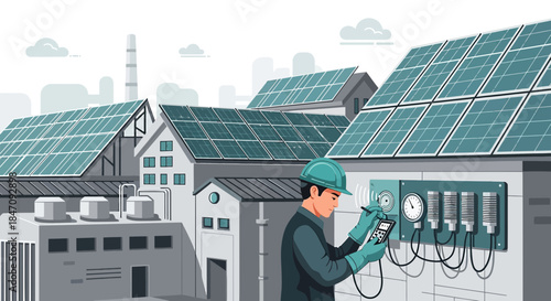 Technician inspects solar panel system performance using wireless communication tools