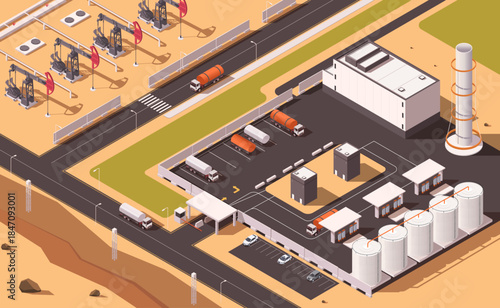 Isometric oil refinery facility with tank trucks, storage tanks, and pump jacks on desert background. Concept of petroleum industry. Vector illustration