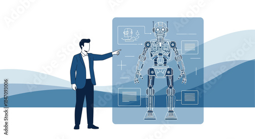 The future of innovation: Man presenting a robot as an advancement in technology development and