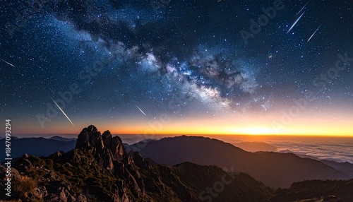 sunset with beautiful falling meteors