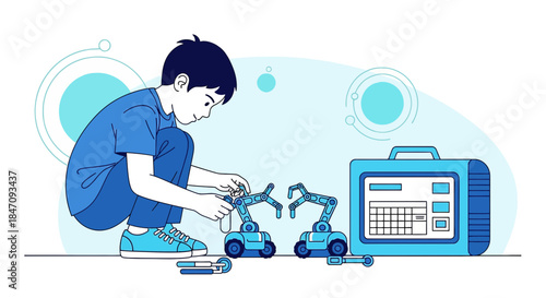 Young inventor assembles robotic arms, showcasing future engineering and robotics learning