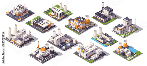 Set of various isometric industrial power plants and energy buildings in clean modern style, isolated on white background. Concept of electricity and energy infrastructure. Vector illustration