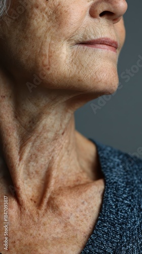 Senior woman displaying natural signs of aging on skin, showing wrinkles, age spots, and hyperpigmentation on neck and face, reflecting wisdom and the passage of time
