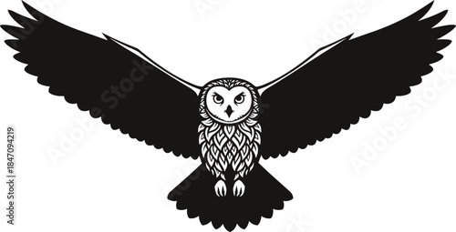 Black and white of an owl in flight bird flying 1 wings spread owl, bird, flying, wings spread, black and white, stencil, wildlife, animal, nocturnal, feathers, talons, white background, simple silhou