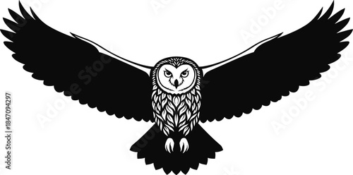 Black and white of an owl in flight flying wings spread owl, black and white, flying, wings spread, bird, wildlife, animal, monochrome, white background, feathers, talons, eyes, head-on view, artistic