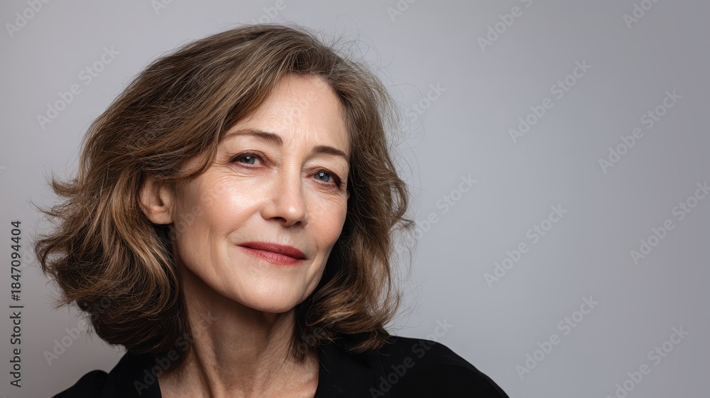 Obraz premium Mature woman expressing confidence and natural beauty, looking directly at the camera with a serene and thoughtful expression, her gracefully aging skin highlighting timeless elegance
