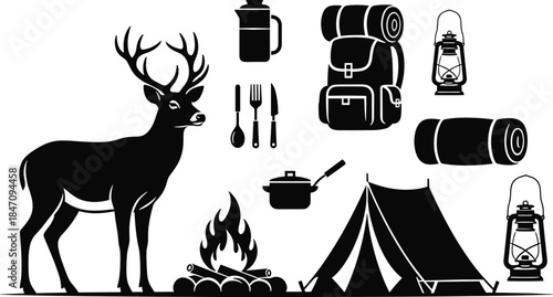 Black and white of camping gear and deer tent campfire camping, deer, tent, campfire, backpack, sleeping bag, lantern, cooking pot, utensils, mug, black and white, silhouette, outdoor, wilderness, nat