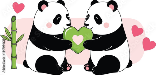 Adorable pandas sharing a heart symbolizing love and friendship
