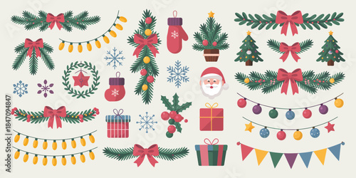 Christmas Garland Vector Elements with Festive Toys, Fir Tree Branches, Lights, and Winter Holiday Home Decorations