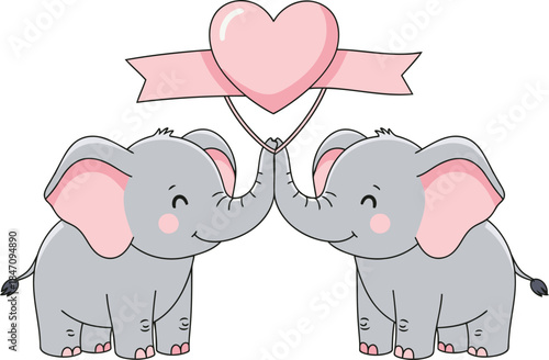 Adorable elephant twins holding heart balloon on Valentine's Day