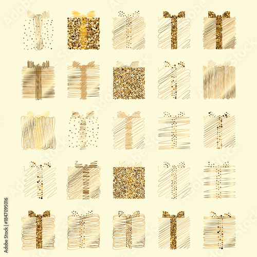 Isolated Golden Gift Boxes Vector Set ,Scrbble, Dotted