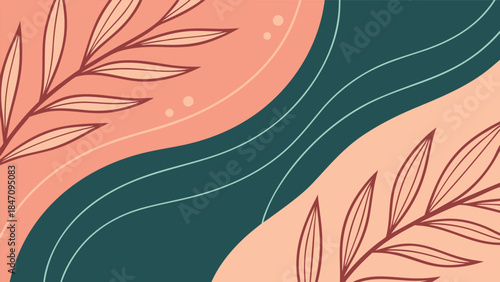 Abstract background design with flowing shapes and botanical elements in muted tones