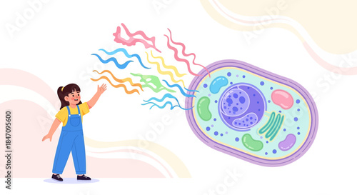 Animated little girl and cellular biology education concept illustration design vector graphic