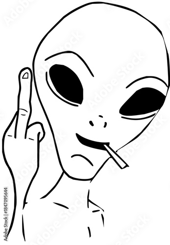 A humorous and rebellious extraterrestrial character giving a defiant middle finger gesture while casually smoking a cigarette, embodying a carefree and nonconformist attitude