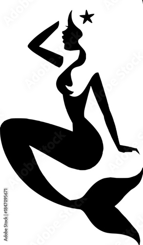 Elegant graphic silhouette of a mythical ocean siren with a star on her head, gazing into the distance, embodying tales of the deep sea and ancient folklore