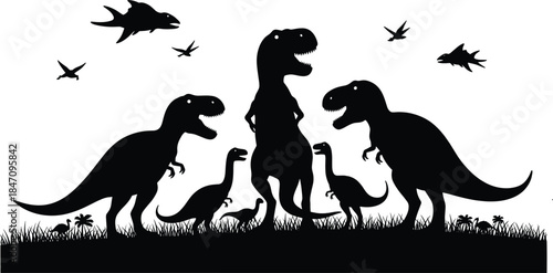 Black vector illustration of a running dog silhouette dinosaurs, birds, silhouettes, black, white, prehistoric, animals, prehistoric creatures, grass, plants, paleontology, mesozoic era, jurassic peri