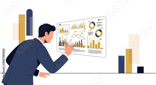 Data driven analysis and insight represented by a man interacting with digital charts